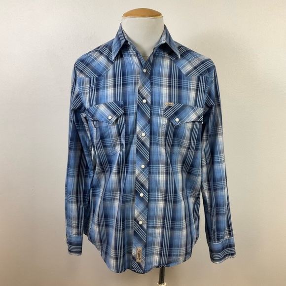 RAFTER C Blue Plaid Pearl Snap Front Western Yoke Long Sleeve Shirt, sz MD - Picture 1 of 8
